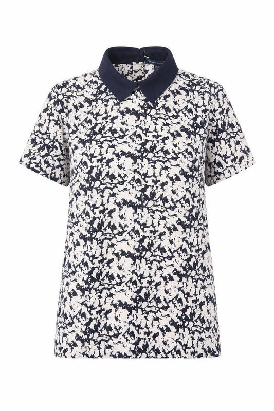 Front view of French Connection women’s white geometric polyester basic t-shirt, size UK 8, collared
