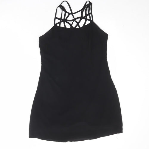 Boohoo Womens Black Polyester Slip Dress Size 10 Round Neck Zip - Cross Strap Detail