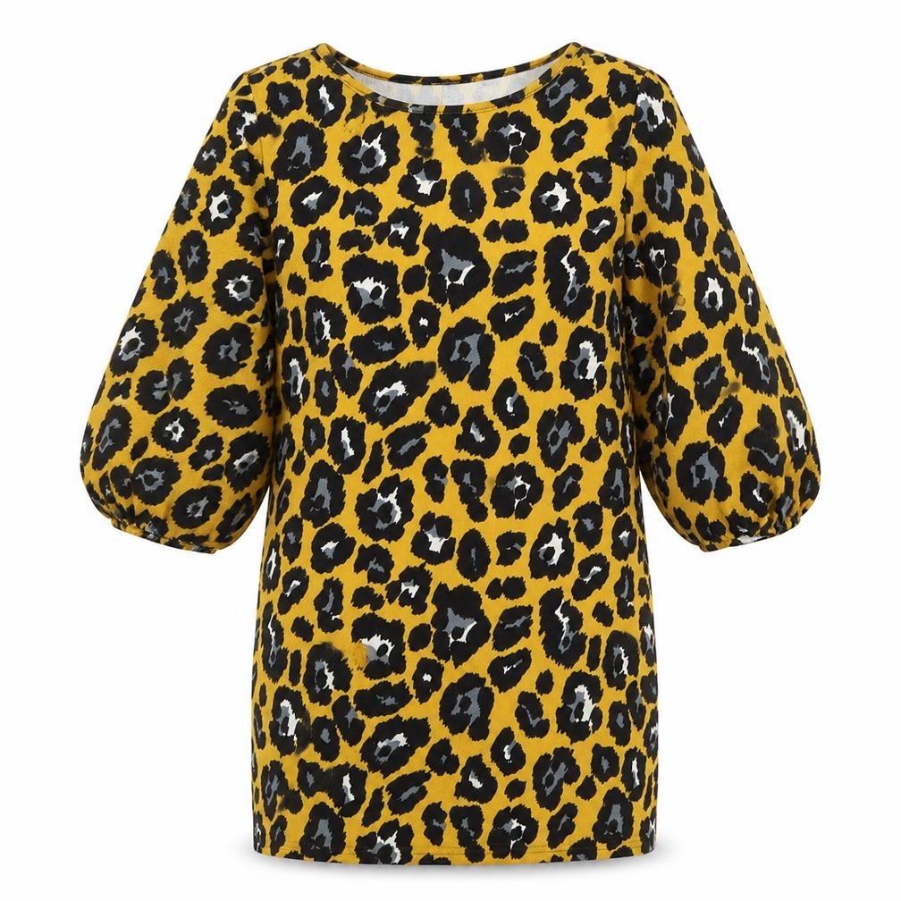 Front view of Boohoo women’s yellow animal print polyester sheath, size UK 12, boat neck pullover - leopard print