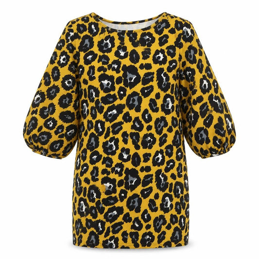 Front view of Boohoo women’s yellow animal print polyester sheath, size UK 12, boat neck pullover - leopard print