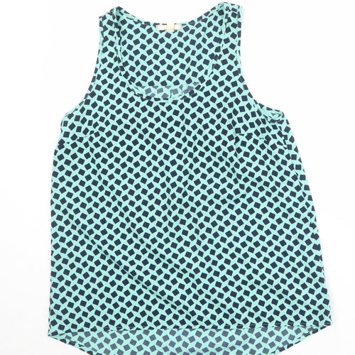 Pleonie Womens Blue Geometric Polyester Basic Tank Size XS Scoop Neck