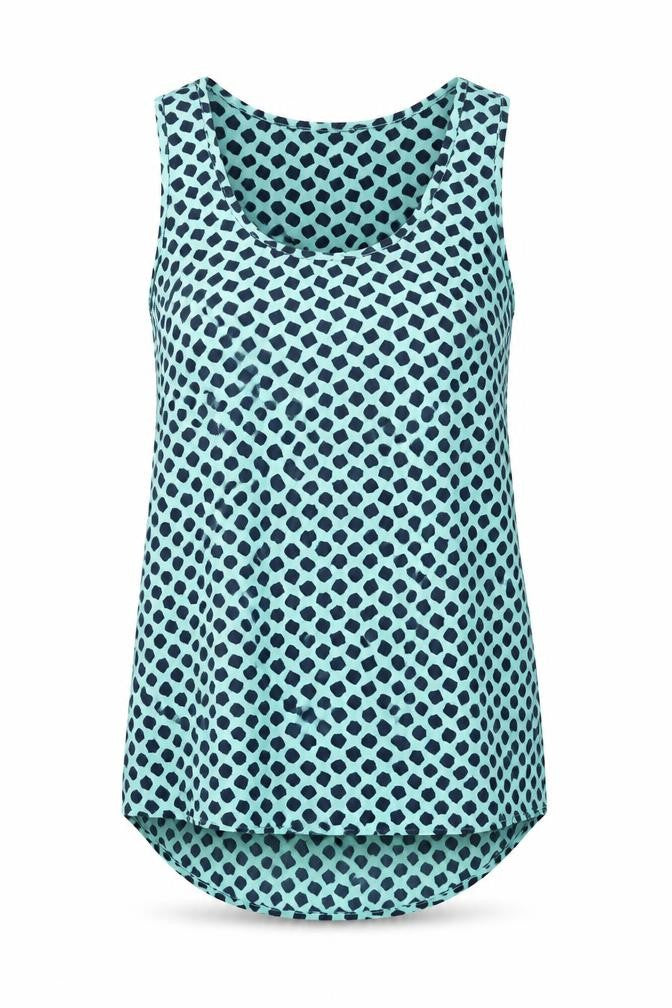 Front view of Pleonie women’s blue geometric polyester basic tank, size XS, scoop neck