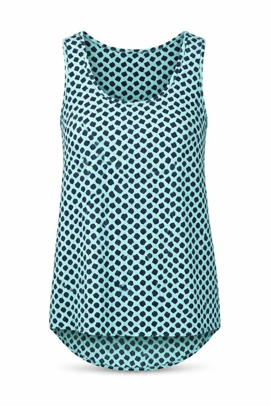 Front view of Pleonie women’s blue geometric polyester basic tank, size XS, scoop neck