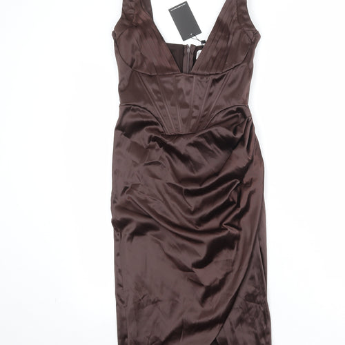 Bondi Boutique Womens Brown Polyester Sheath Size L V-Neck Zip - Plunge