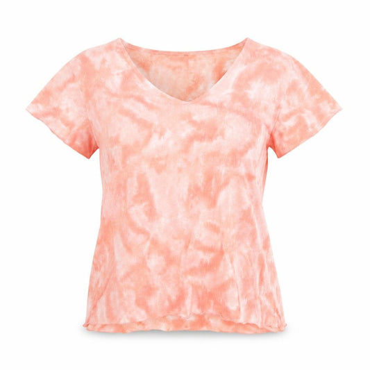 Front view of Saloos women’s pink geometric polyester basic t-shirt, size M, v-neck -, size M/l