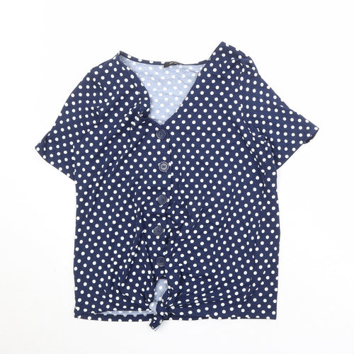M&Co Womens Blue Polka Dot Viscose Basic Button-Up Size L V-Neck - Knot Front