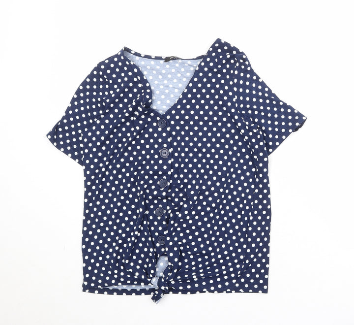 M&Co Womens Blue Polka Dot Viscose Basic Button-Up Size L V-Neck - Knot Front