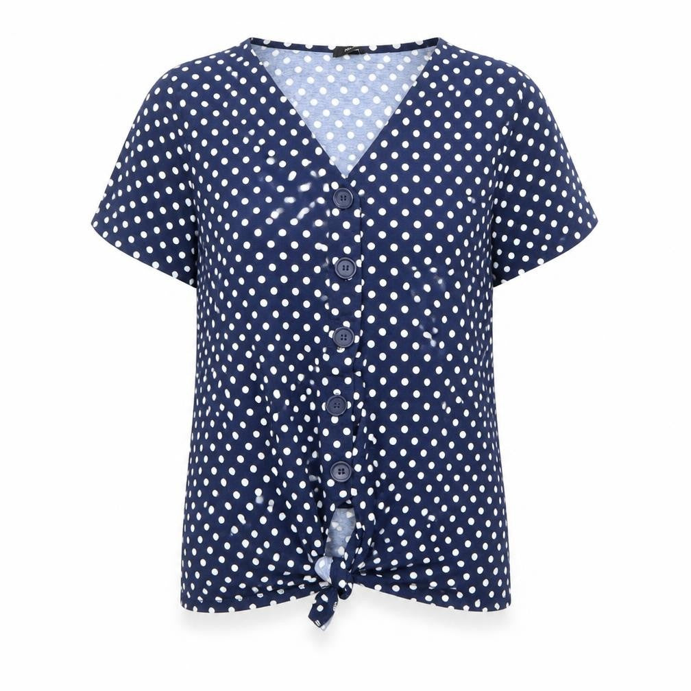 Front view of M&Co women’s blue polka dot viscose basic button-up, size L, v-neck - knot front