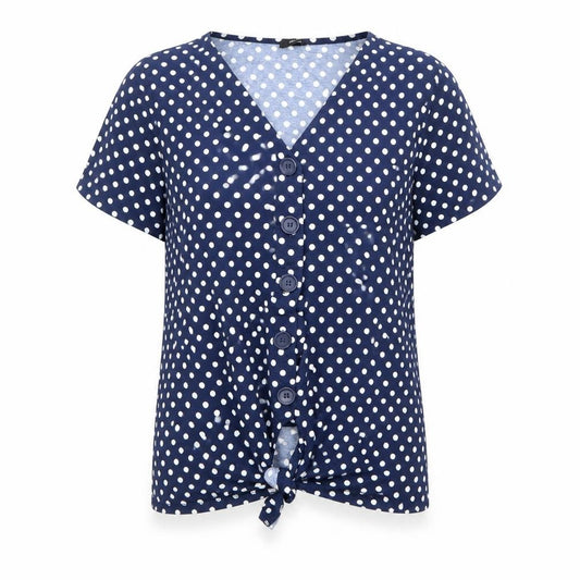 Front view of M&Co women’s blue polka dot viscose basic button-up, size L, v-neck - knot front