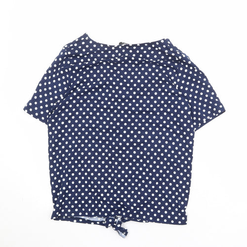 M&Co Womens Blue Polka Dot Viscose Basic Button-Up Size L V-Neck - Knot Front