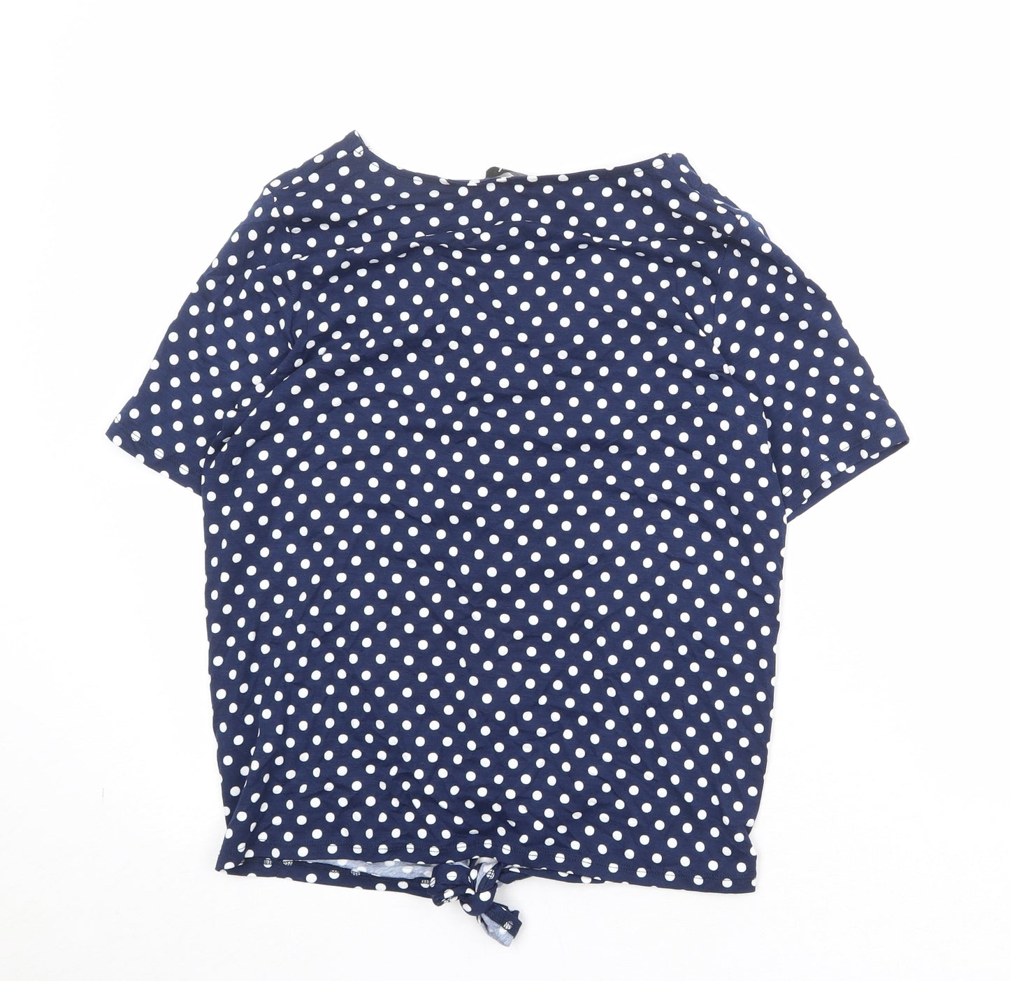 M&Co Womens Blue Polka Dot Viscose Basic Button-Up Size L V-Neck - Knot Front