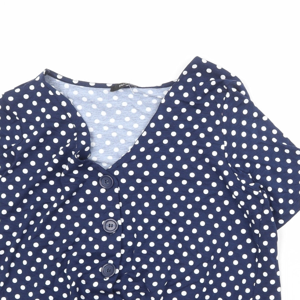 M&Co Womens Blue Polka Dot Viscose Basic Button-Up Size L V-Neck - Knot Front