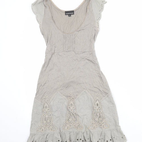 Warehouse Womens Beige Viscose Fit & Flare Size 10 Scoop Neck Pullover