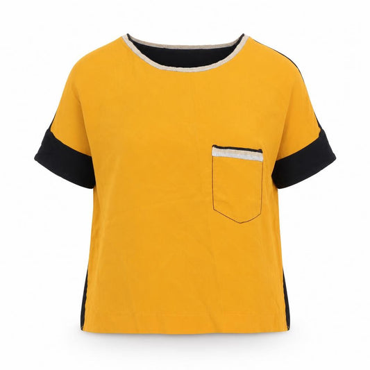 Front view of Zara women’s orange colourblock polyester basic t-shirt, size S, round neck