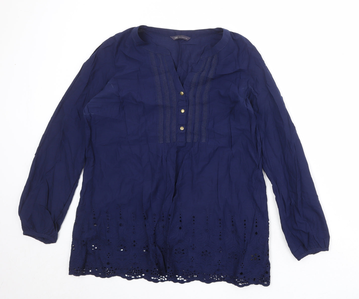 Marks and Spencer Womens Blue 100% Cotton Basic Blouse Size 14 V-Neck