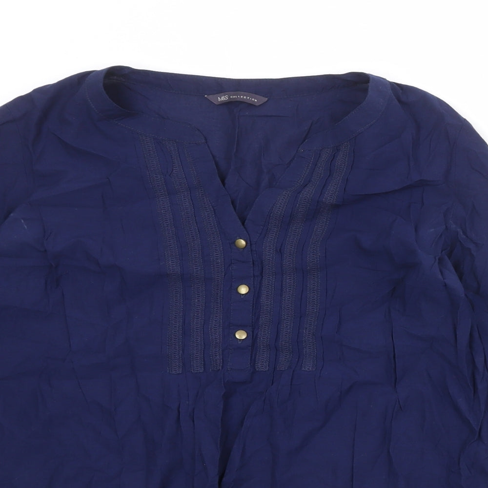Marks and Spencer Womens Blue 100% Cotton Basic Blouse Size 14 V-Neck