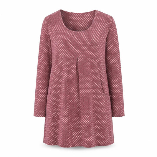 Front view of Brantree women’s pink polka dot bamboo a-line, size L, round neck pullover