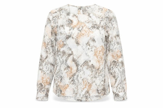 Front view of New Look women’s beige animal print polyester basic blouse, size UK 10, square neck - snakeskin pattern