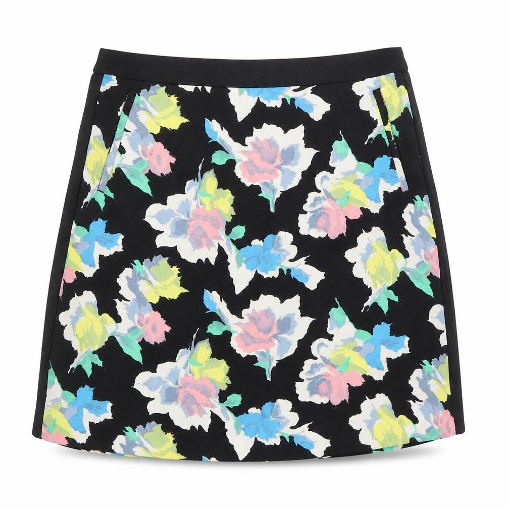 Front view of Oasis women’s black floral polyester a-line skirt, size UK 10, zip