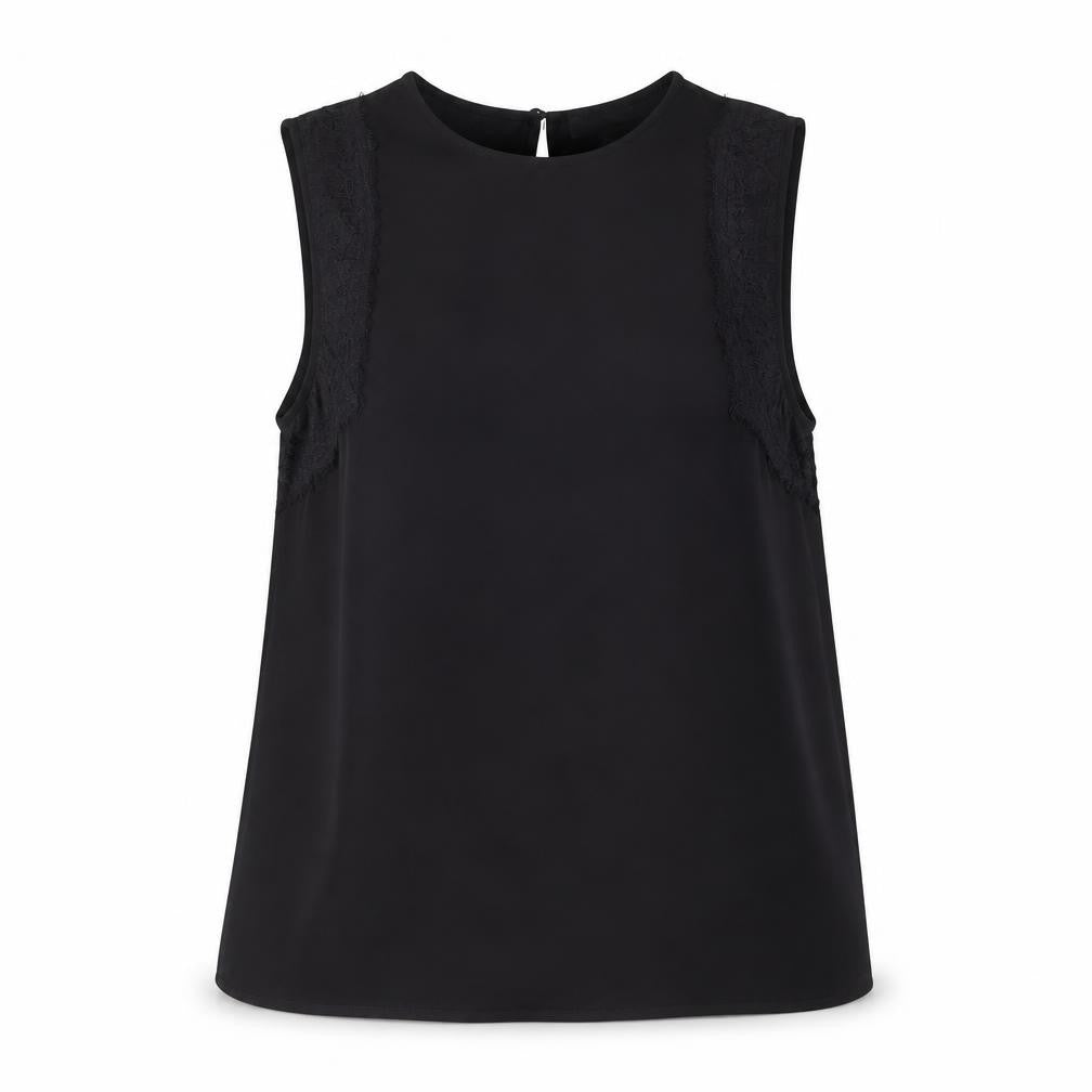 Front view of Warehouse women’s black polyester basic tank, size UK 10, round neck