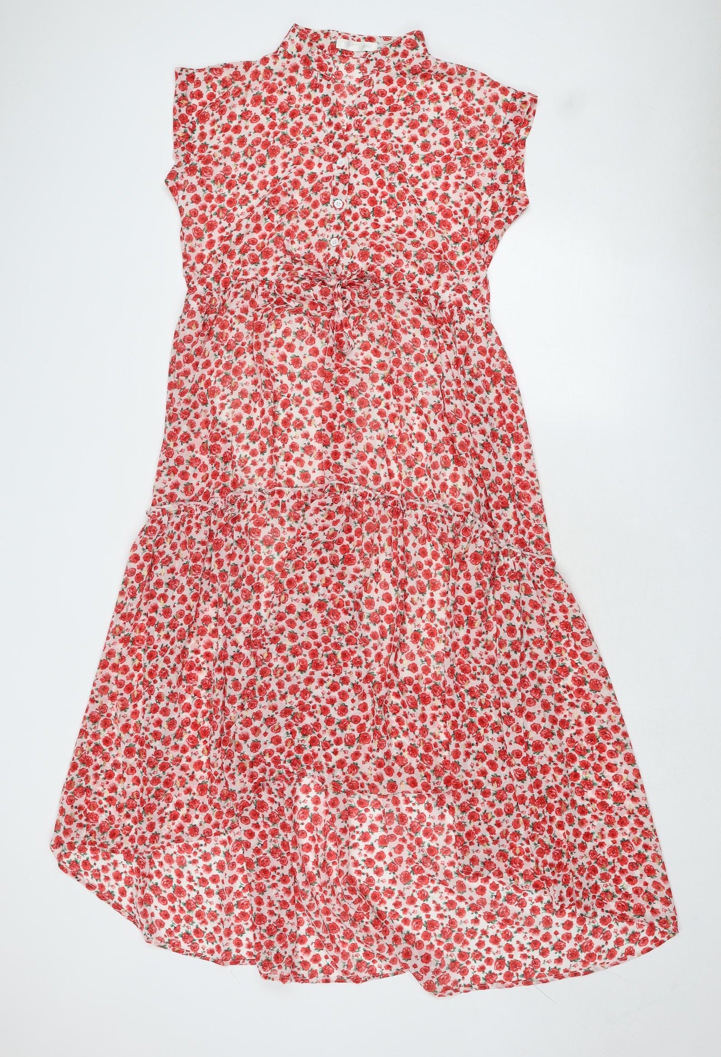 Flamant Rose Womens Red Floral Polyester Shirt Dress Size S Collared Button