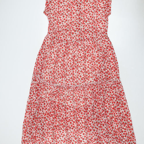 Flamant Rose Womens Red Floral Polyester Shirt Dress Size S Collared Button