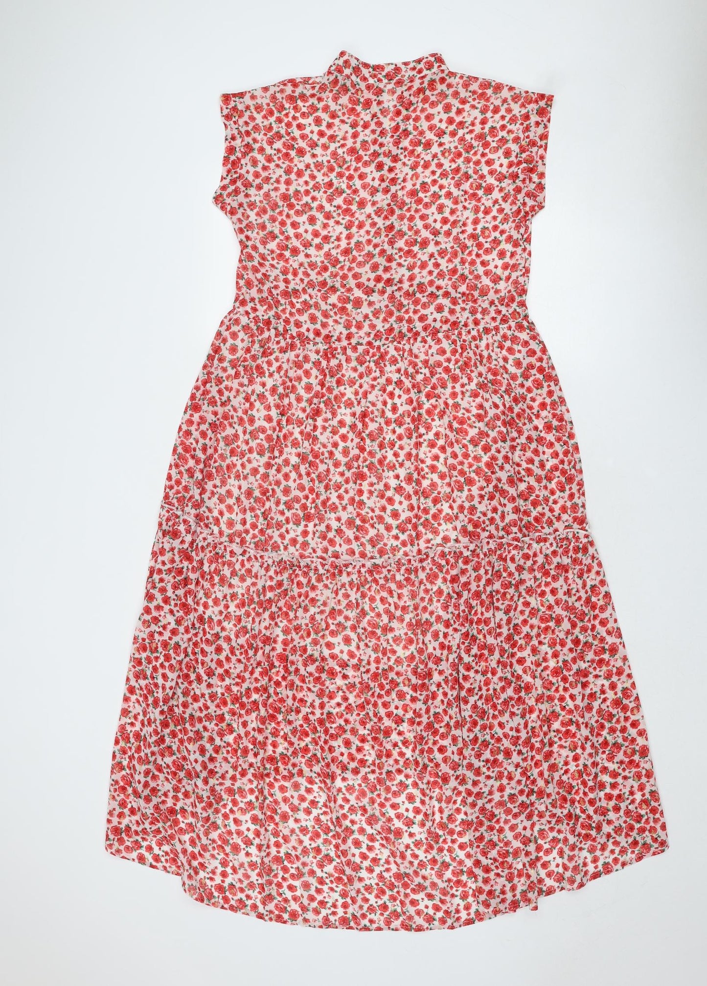 Flamant Rose Womens Red Floral Polyester Shirt Dress Size S Collared Button