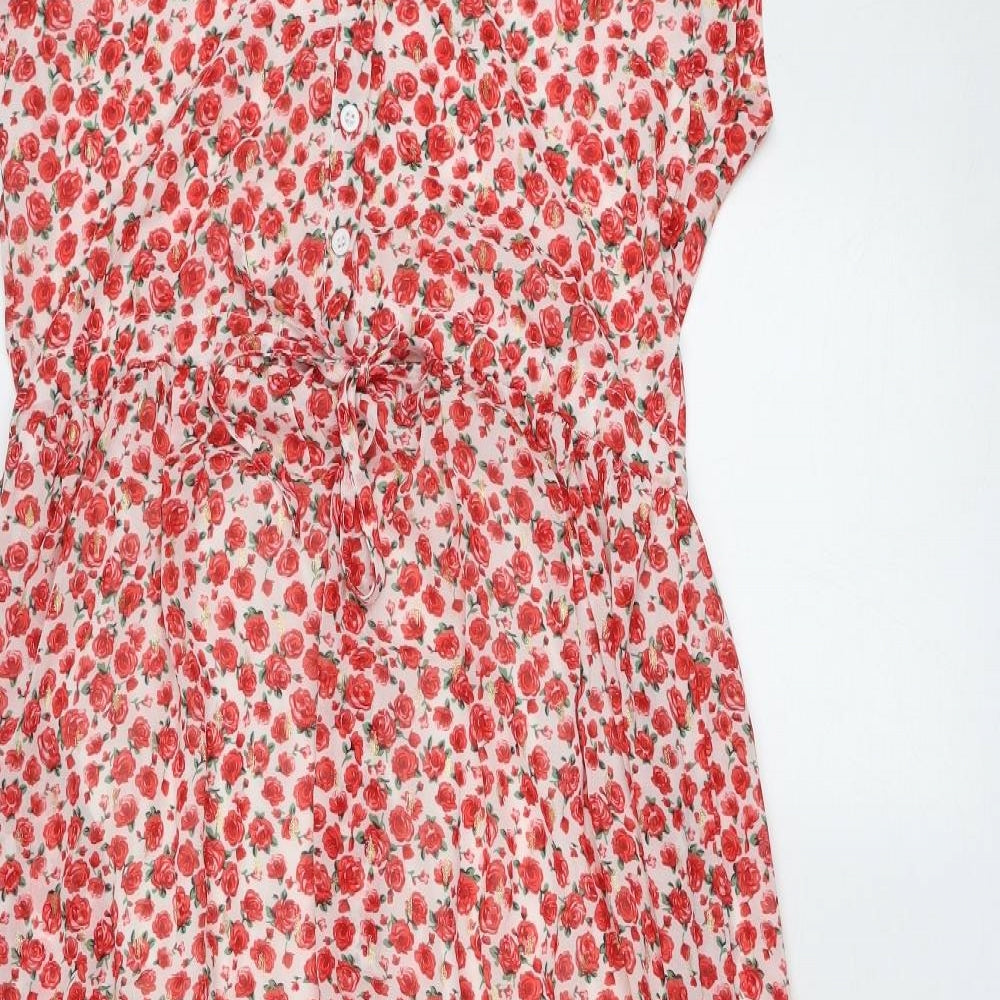 Flamant Rose Womens Red Floral Polyester Shirt Dress Size S Collared Button