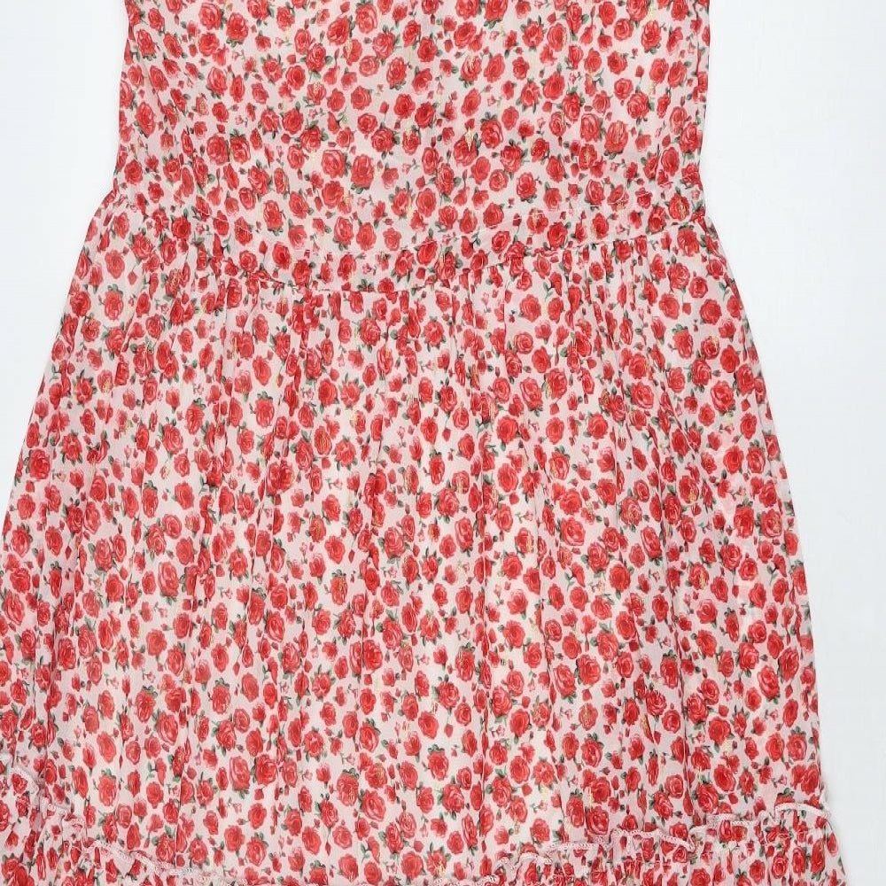 Flamant Rose Womens Red Floral Polyester Shirt Dress Size S Collared Button