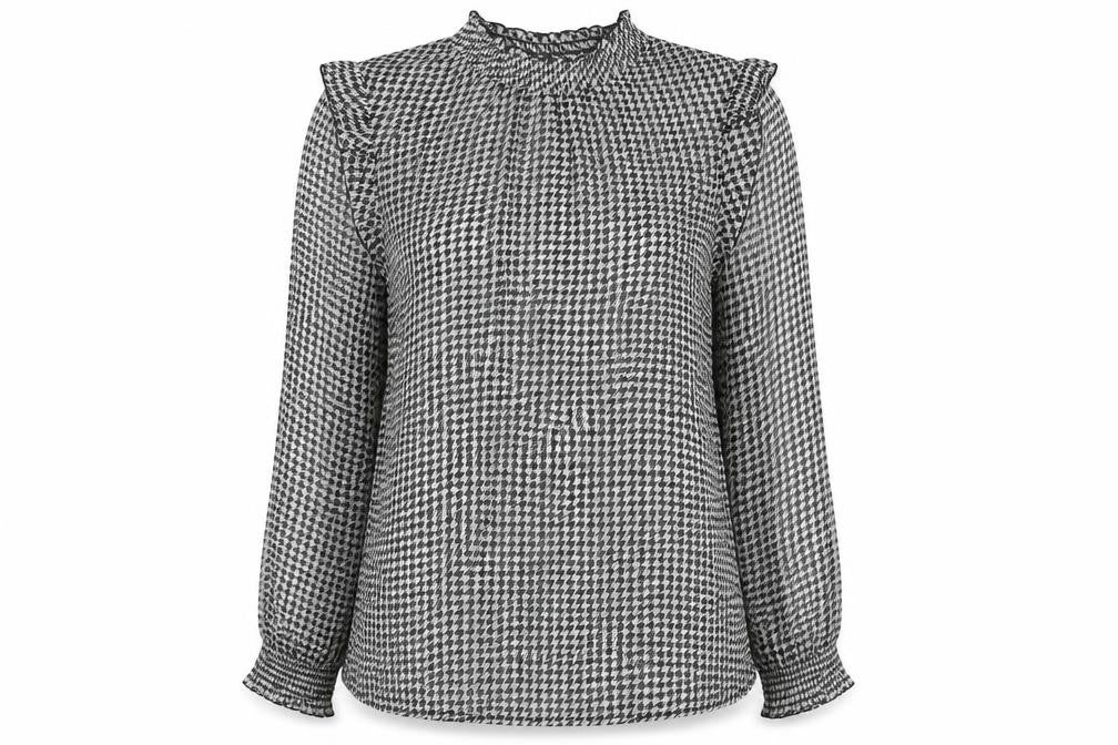 Front view of Cotton Traders women’s black geometric polyester basic blouse, size UK 14, mock neck