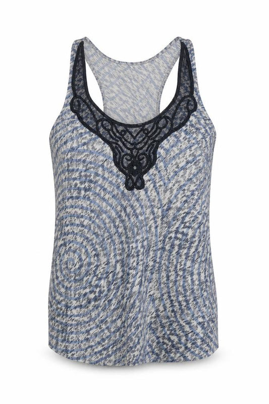 Front view of Staring at Stars women’s blue geometric viscose basic tank, size XS, round neck - lace detail