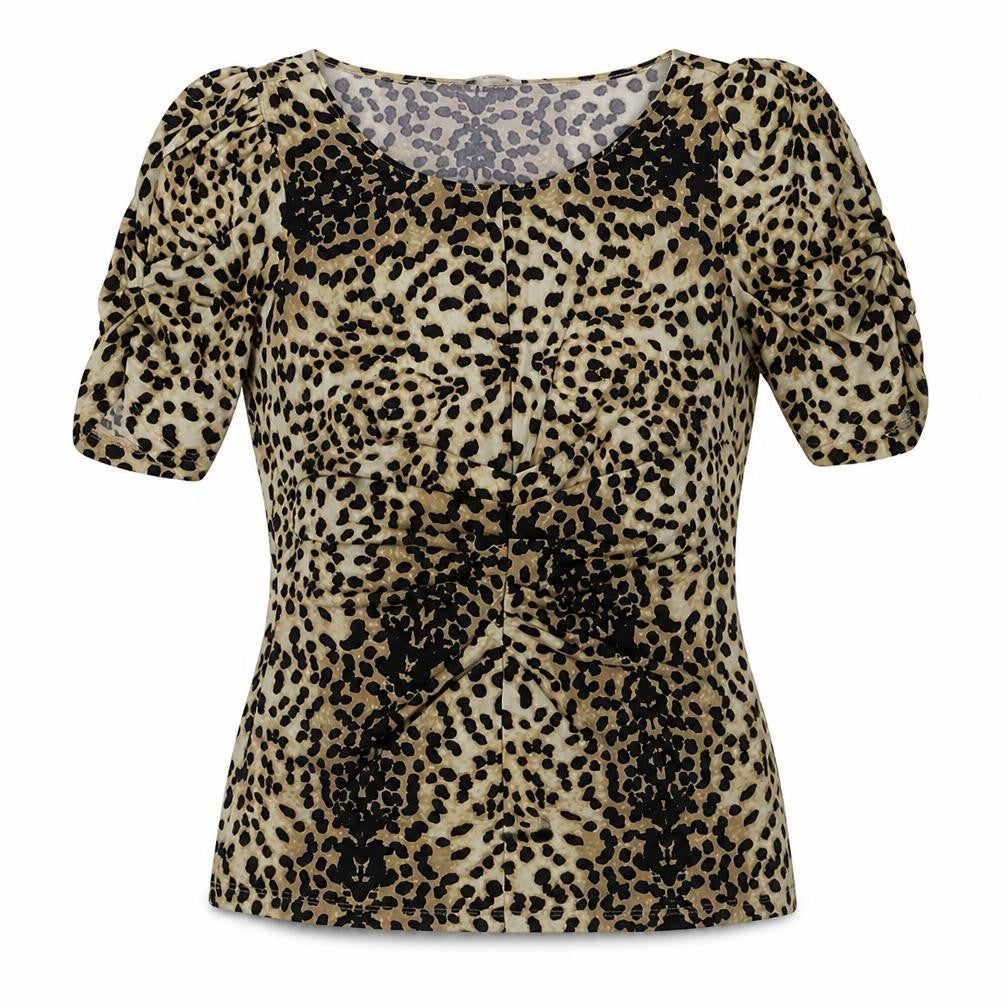 Front view of Marks & Spencer women’s brown geometric polyester basic blouse, size UK 8, round neck