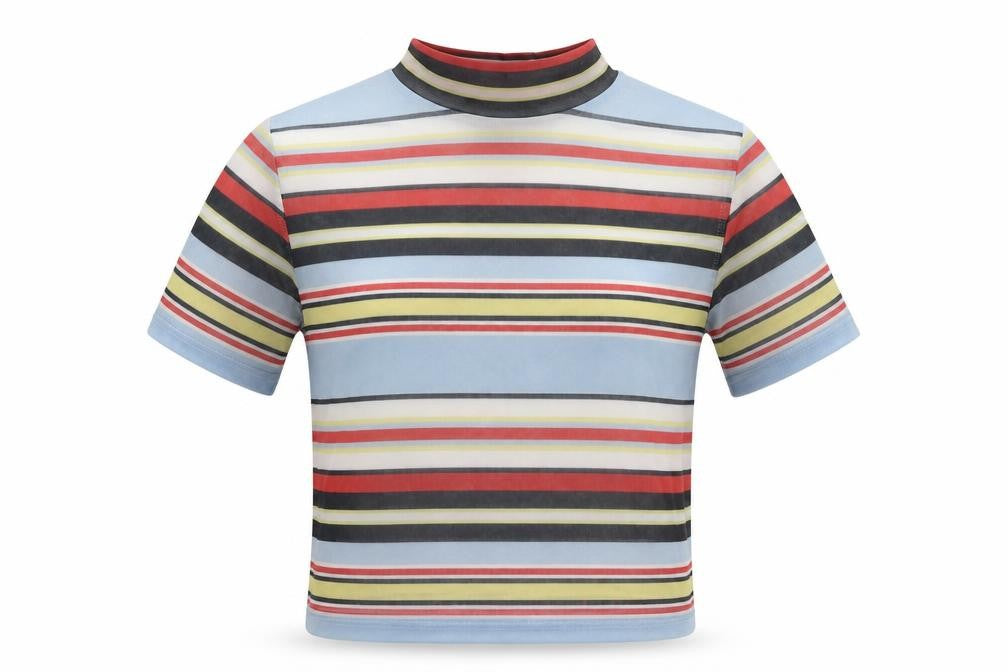 Front view of Urban Outfitters women’s multicoloured striped polyester basic t-shirt, size XS, mock neck