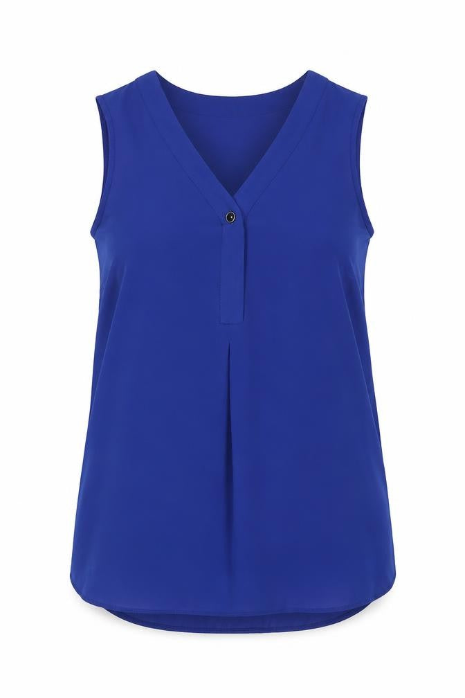 Front view of Dorothy Perkins women’s blue polyester basic tank, size UK 8, v-neck