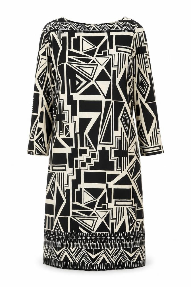 Front view of Wallis women’s black geometric polyester a-line, size S, round neck pullover