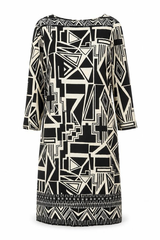 Front view of Wallis women’s black geometric polyester a-line, size S, round neck pullover