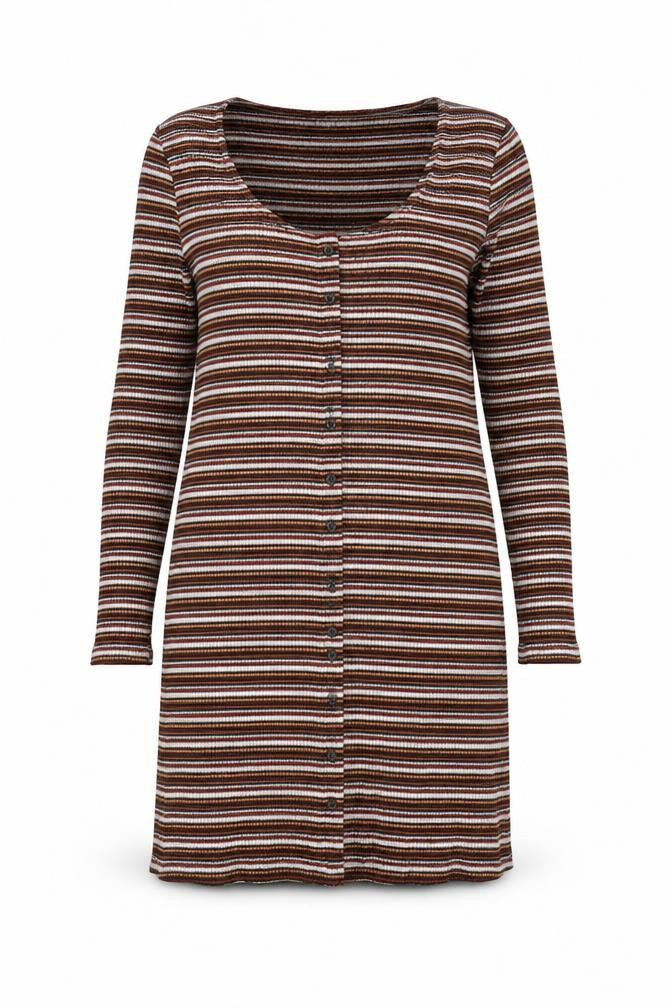 Front view of Topshop women’s multicoloured striped polyester shirt dress, size UK 16, round neck button