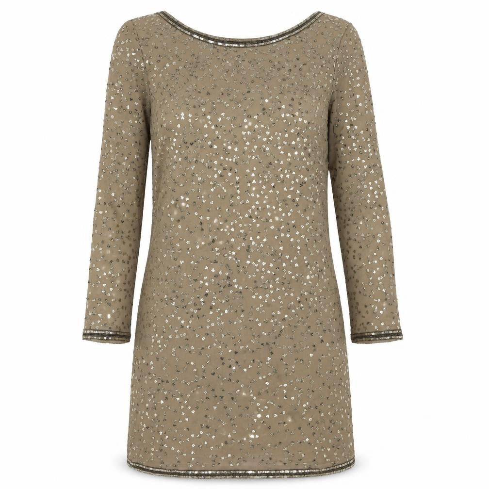 Front view of Phase Eight women’s gold polyester shift, size UK 10, round neck tie - open back