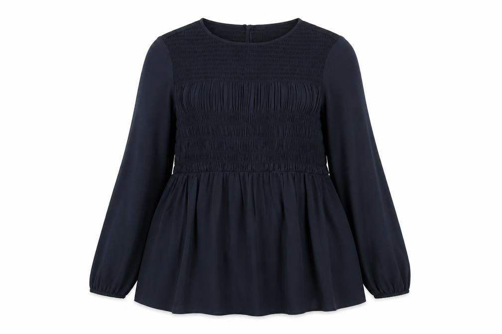 Front view of Cotton Traders women’s blue polyester basic blouse, size UK 12, round neck