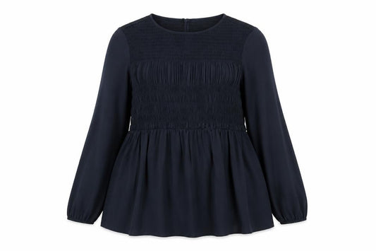 Front view of Cotton Traders women’s blue polyester basic blouse, size UK 12, round neck