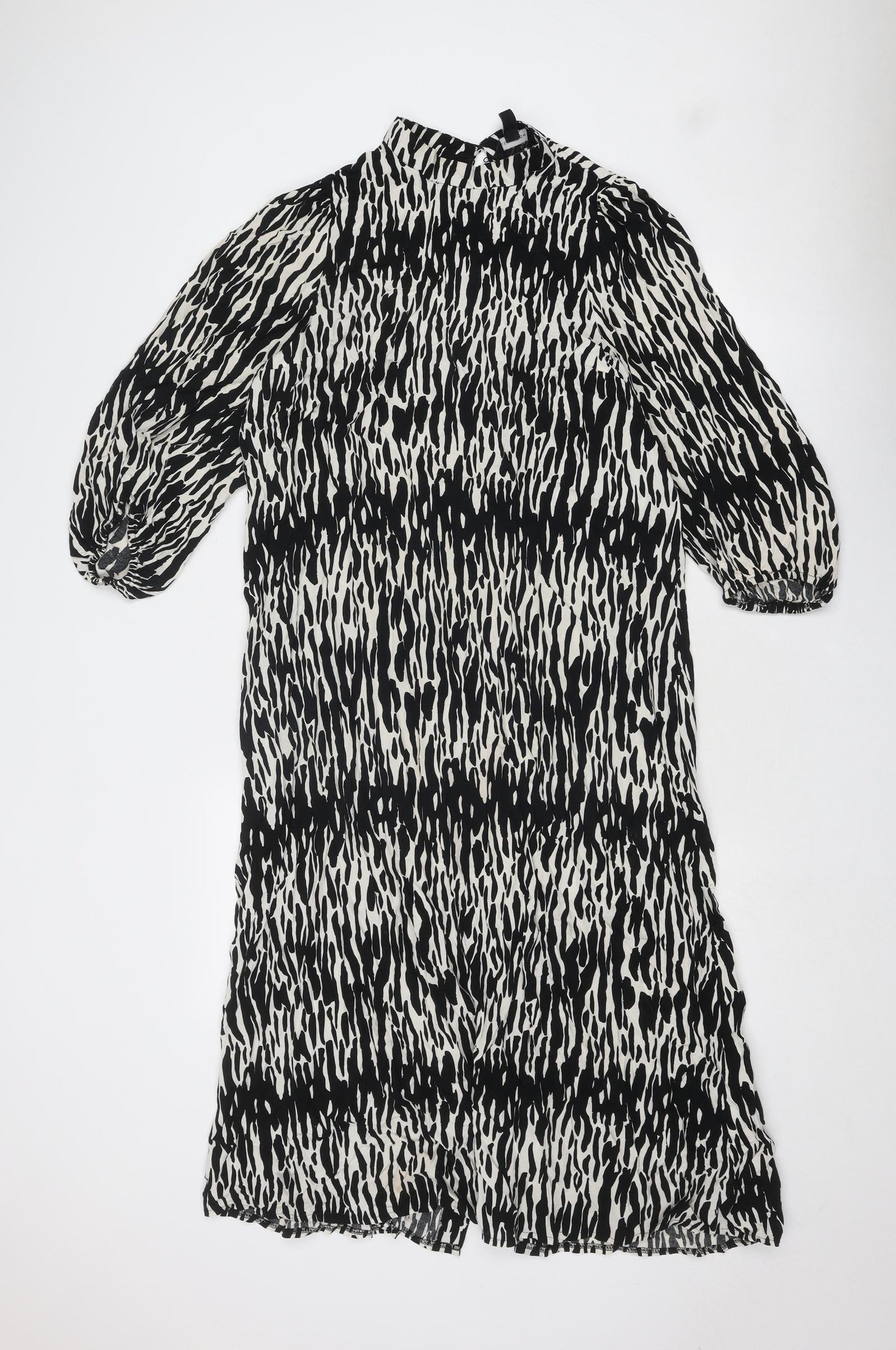 New Look Womens Black Geometric Viscose A-Line Size 12 Mock Neck Button