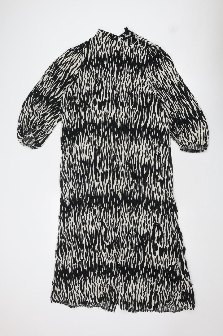 New Look Womens Black Geometric Viscose A-Line Size 12 Mock Neck Button