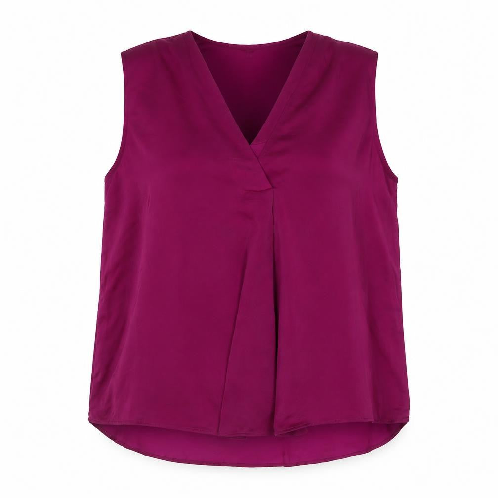 Front view of Marks & Spencer women’s purple polyester basic tank, size UK 20, v-neck