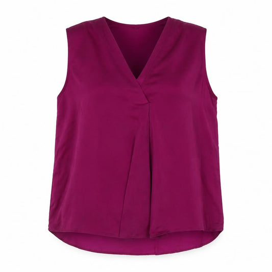 Front view of Marks & Spencer women’s purple polyester basic tank, size UK 20, v-neck