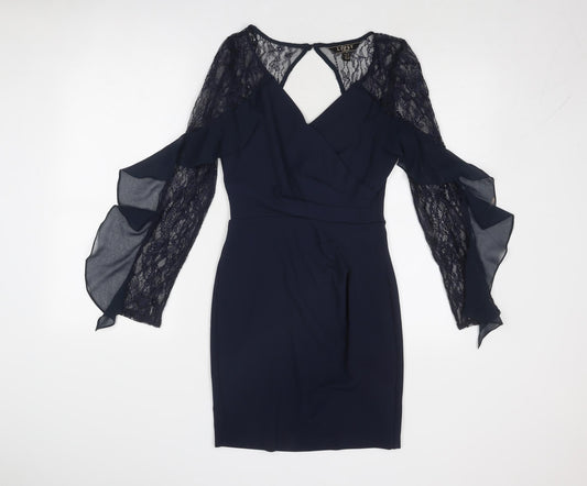 Lipsy Womens Blue Polyester Mini Size 10 V-Neck Zip - Lace Detail