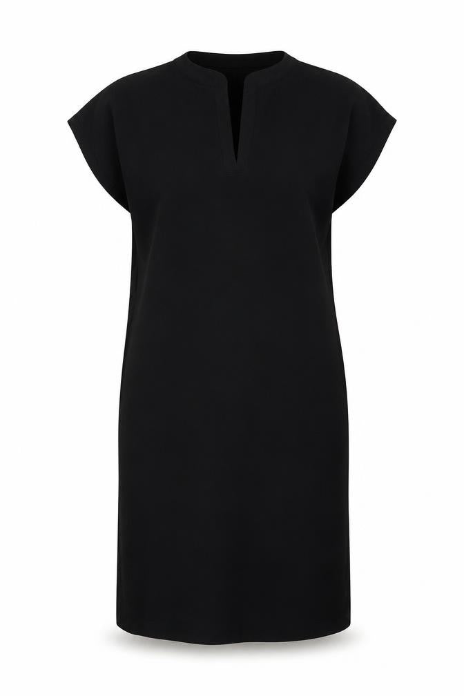 Front view of Topshop women’s black polyester t-shirt dress, size UK 8, v-neck pullover