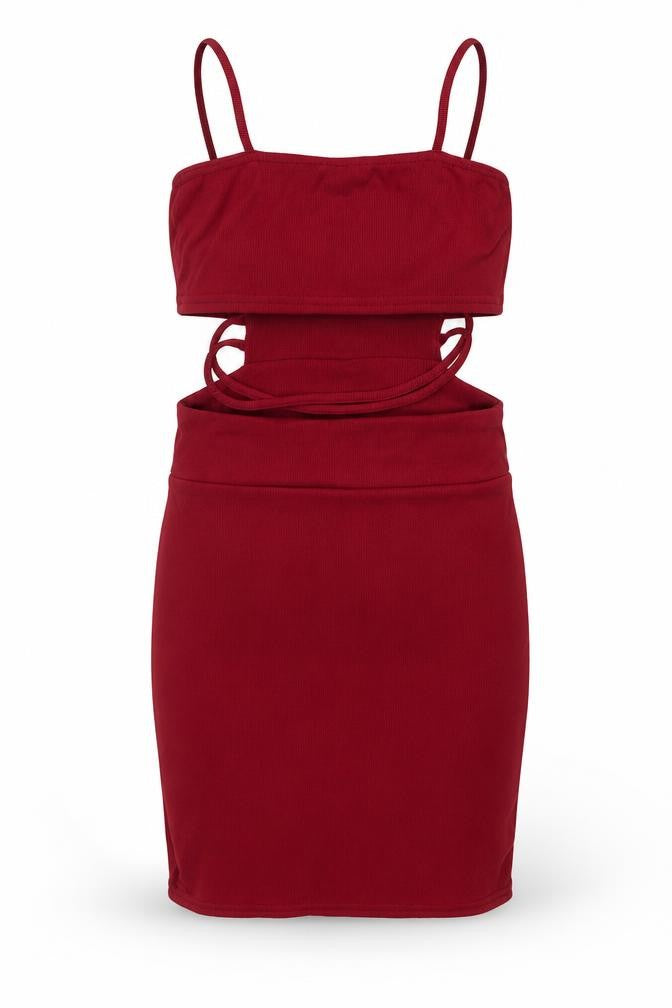Front view of PRETTYLITTLETHING women’s red polyester mini, size UK 8, square neck pullover