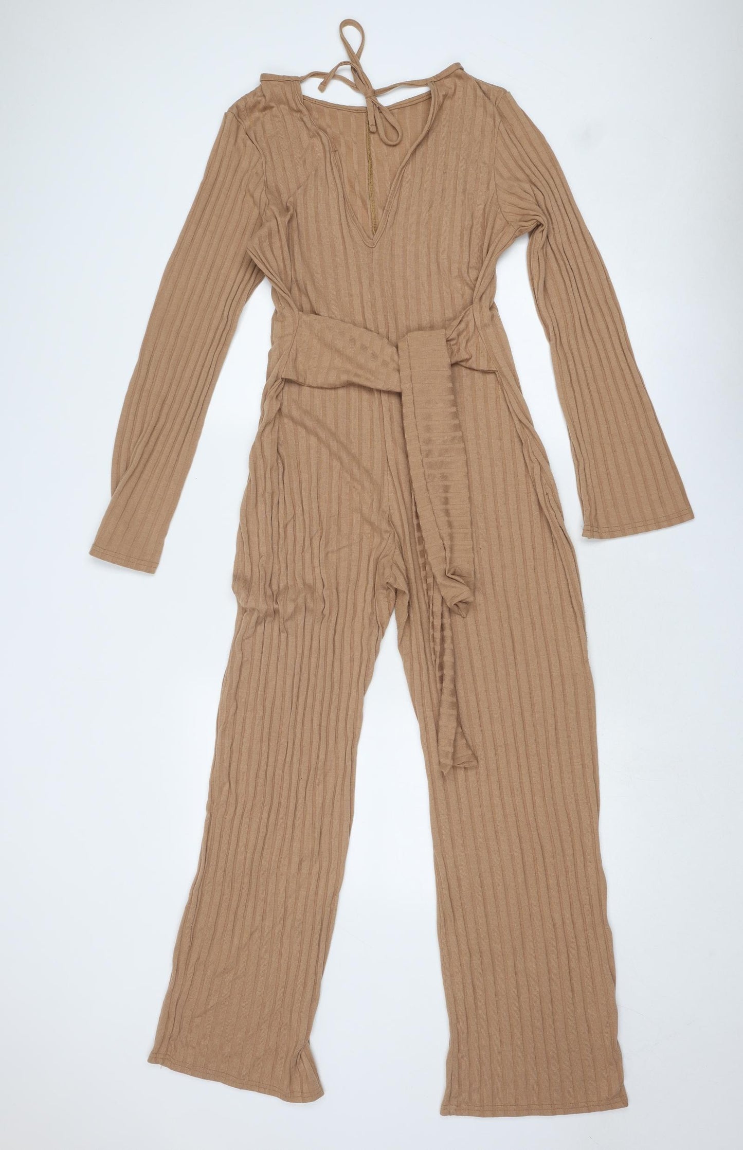 Boohoo Womens Beige Polyester Jumpsuit One-Piece Size 14 Tie