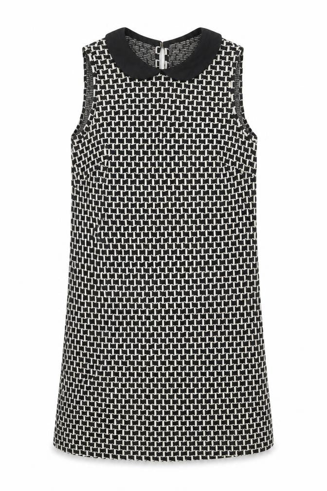 Front view of Henry Holland women’s black geometric cotton shift, size UK 6, collared button