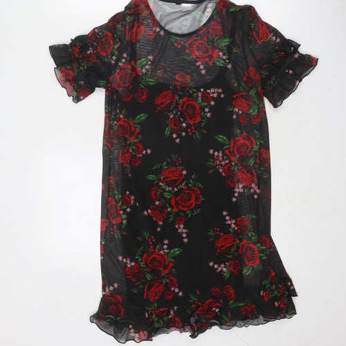Divided by H&M Womens Black Floral Polyester Sheath Size 4 Boat Neck Pullover - Rose Print